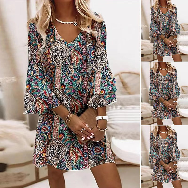 Women nan Boho Tunic Mini Dress with V Neck and Bell Sleeves StylebySassy