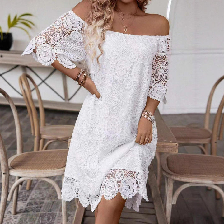 Women's off-shoulder crochet midi dress with sweetheart neckline and floral lace trim StylebySassy