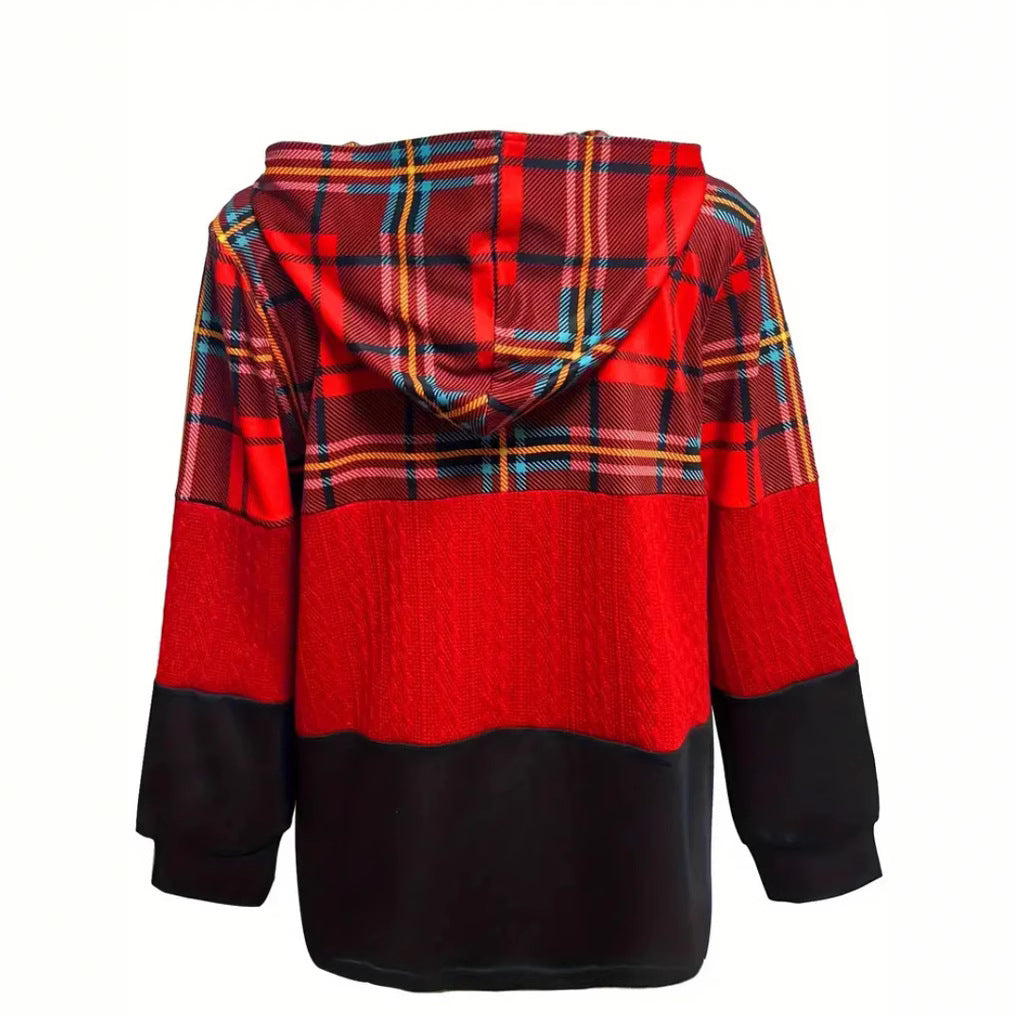 Women's long patchwork-style hooded jacket with check and knit inserts, front zipper and side pockets StylebySassy