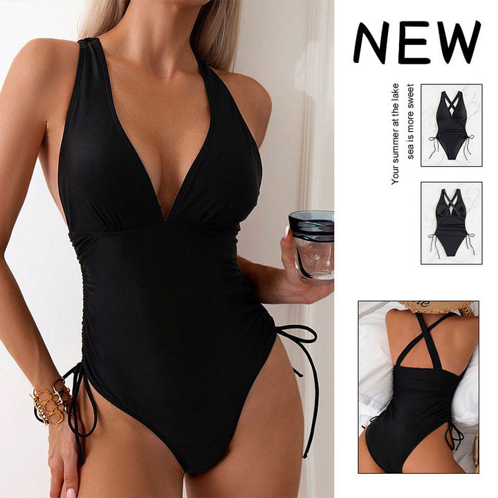 Women’s one-piece swimsuit with deep V-neckline and side lacing StylebySassy