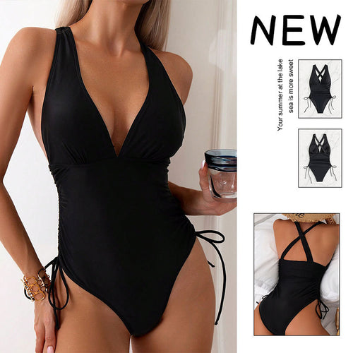 Women’s one-piece swimsuit with deep V-neckline and side lacing StylebySassy