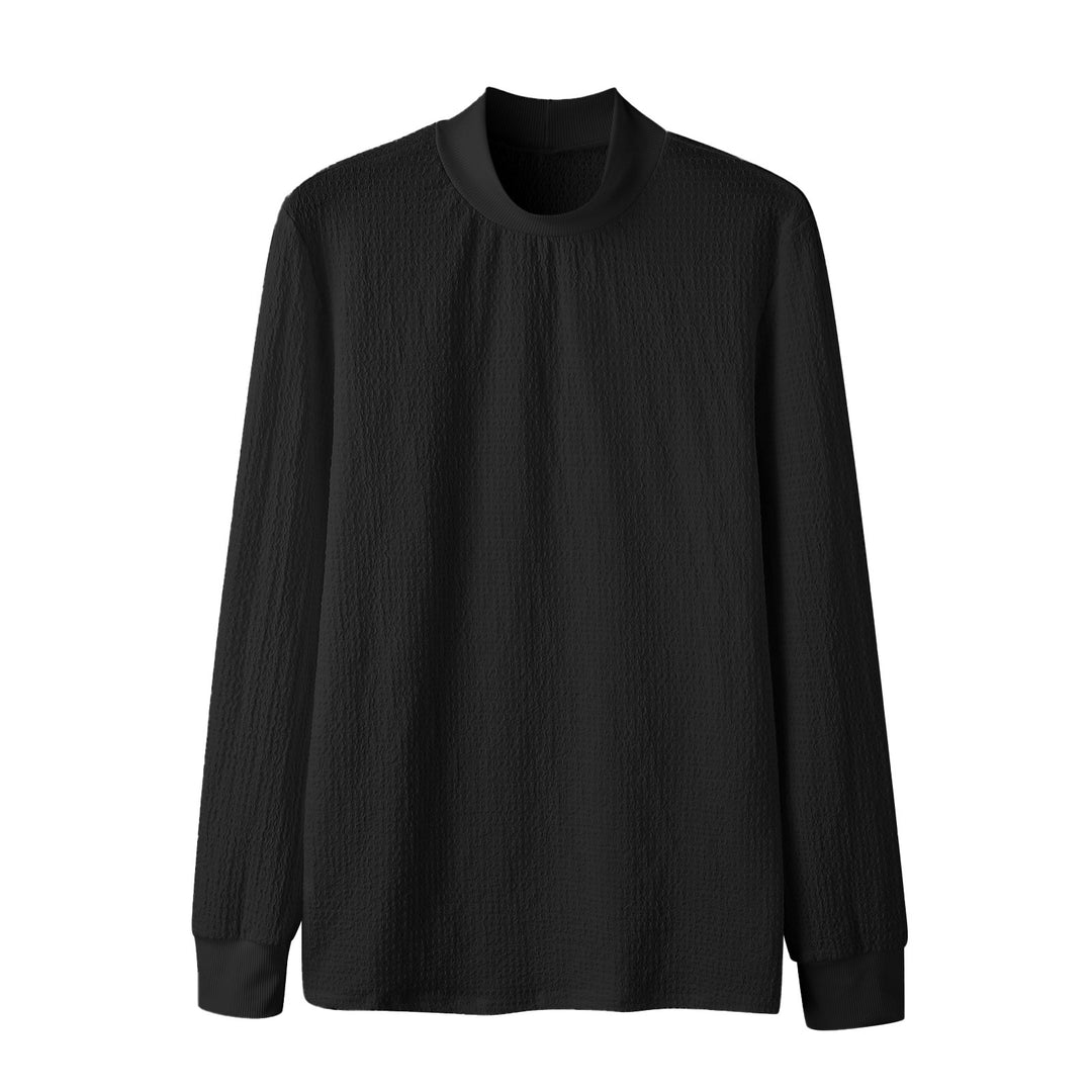Unisex nano textured waffle knit pullover with slim stand-up collar and ribbed cuffs StylebySassy