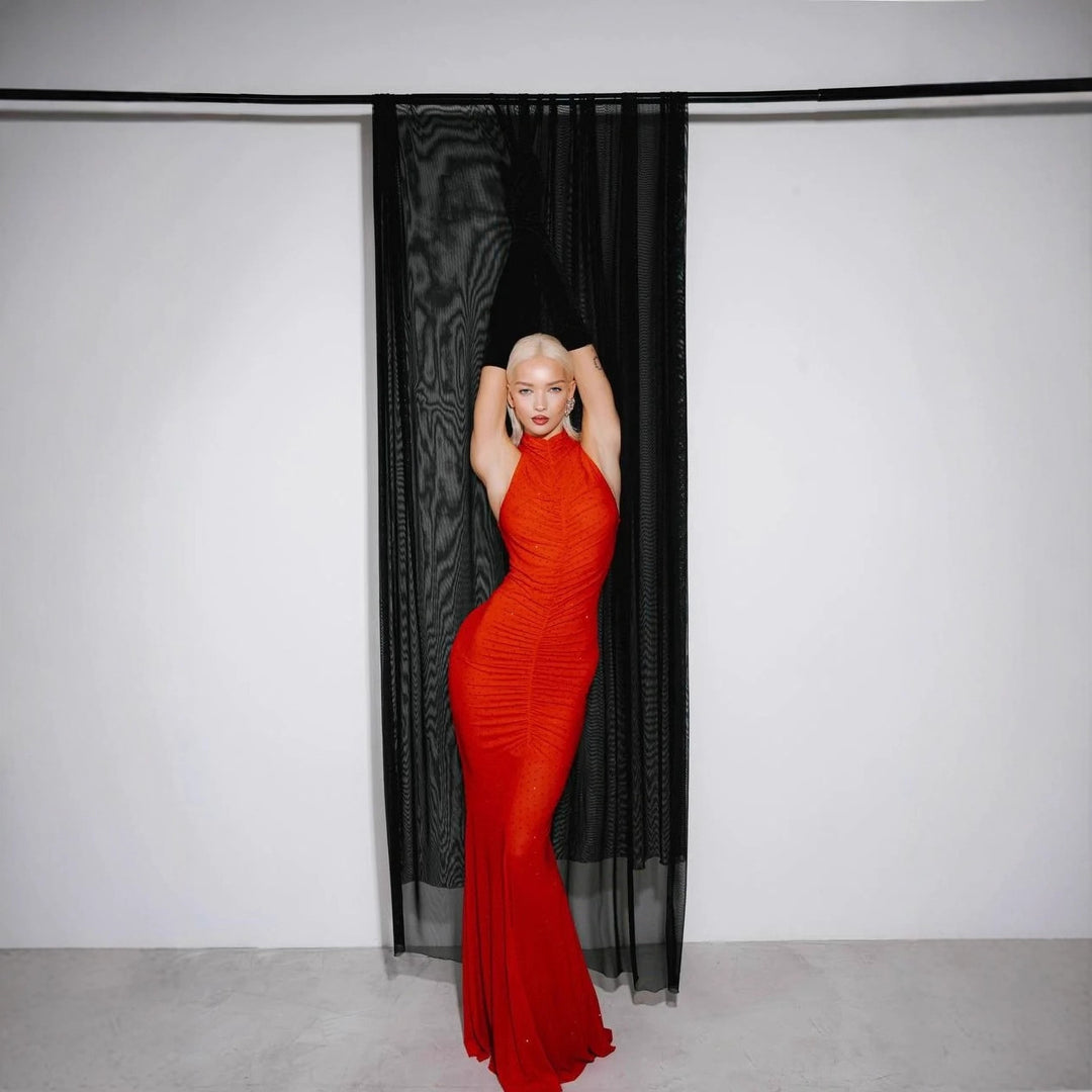 Women's Elegant Long Evening Dress with Gather and Shimmering Accents StylebySassy
