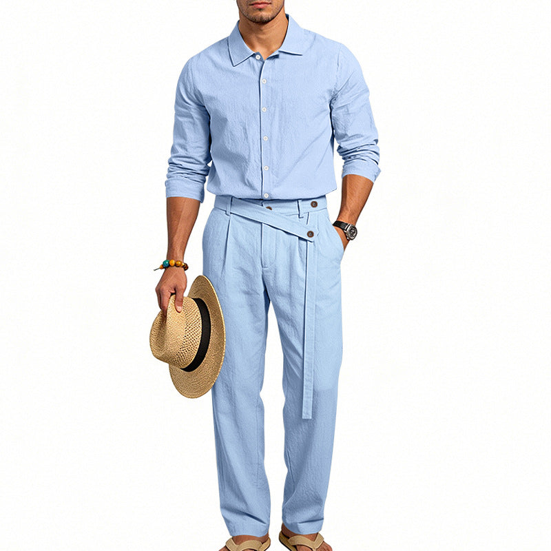 Men's elegant linen two-piece set with shirt and high-waisted pants with tie belt StylebySassy