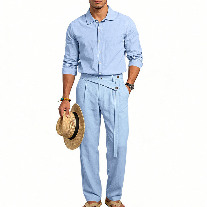 Men's elegant linen two-piece set with shirt and high-waisted pants with tie belt StylebySassy