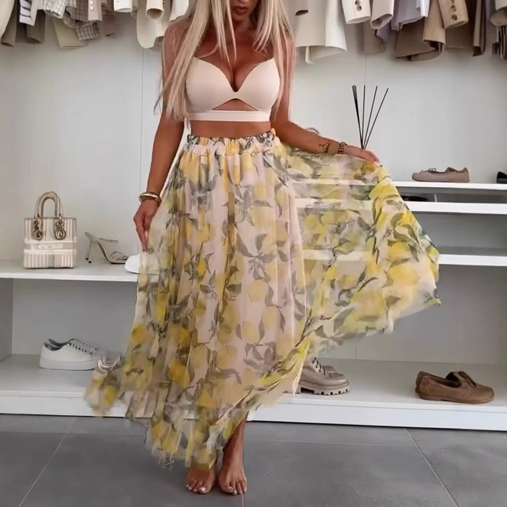 Women's flowing maxi skirt with layered chiffon overlay, elastic waistband and fine floral print StylebySassy