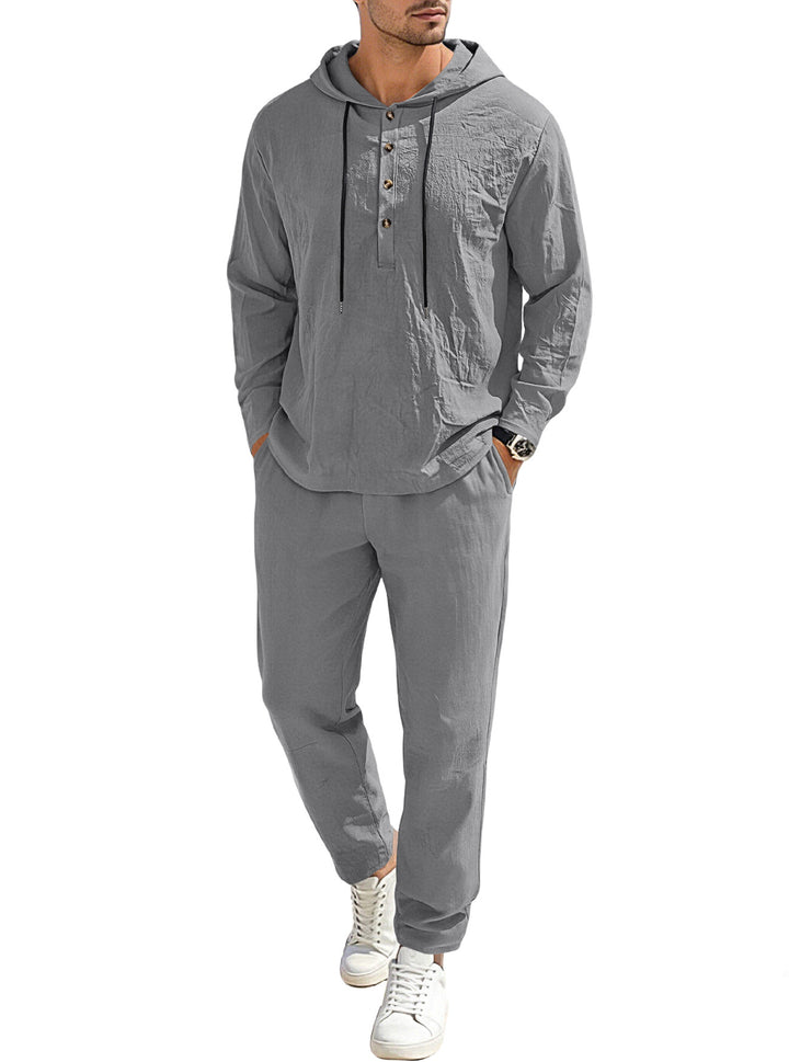 Men's relaxed hoodie Henley leisure suit made of lightweight cotton blend with linen look, featuring drawstring and elastic waistband pants StylebySassy