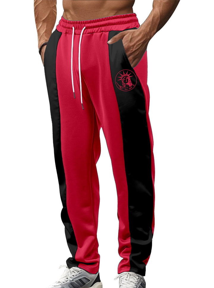 Men's sporty track pants with side contrast stripes, elastic waistband, drawstring, and deer embroidery StylebySassy
