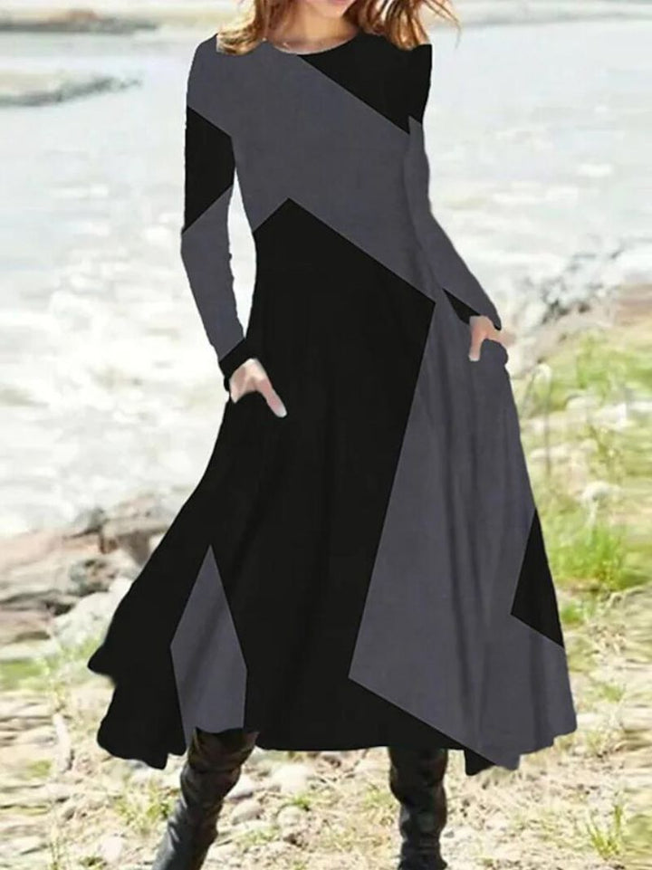 Ladies nan geometric maxi dress with long sleeves, A-line cut and side pockets StylebySassy