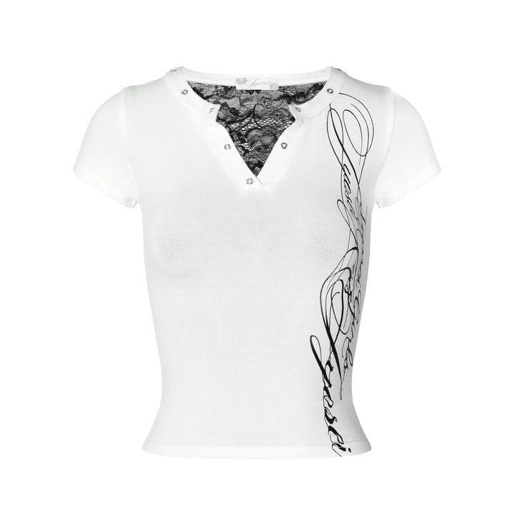 Women's short-sleeve top with sophisticated lace and print details StylebySassy