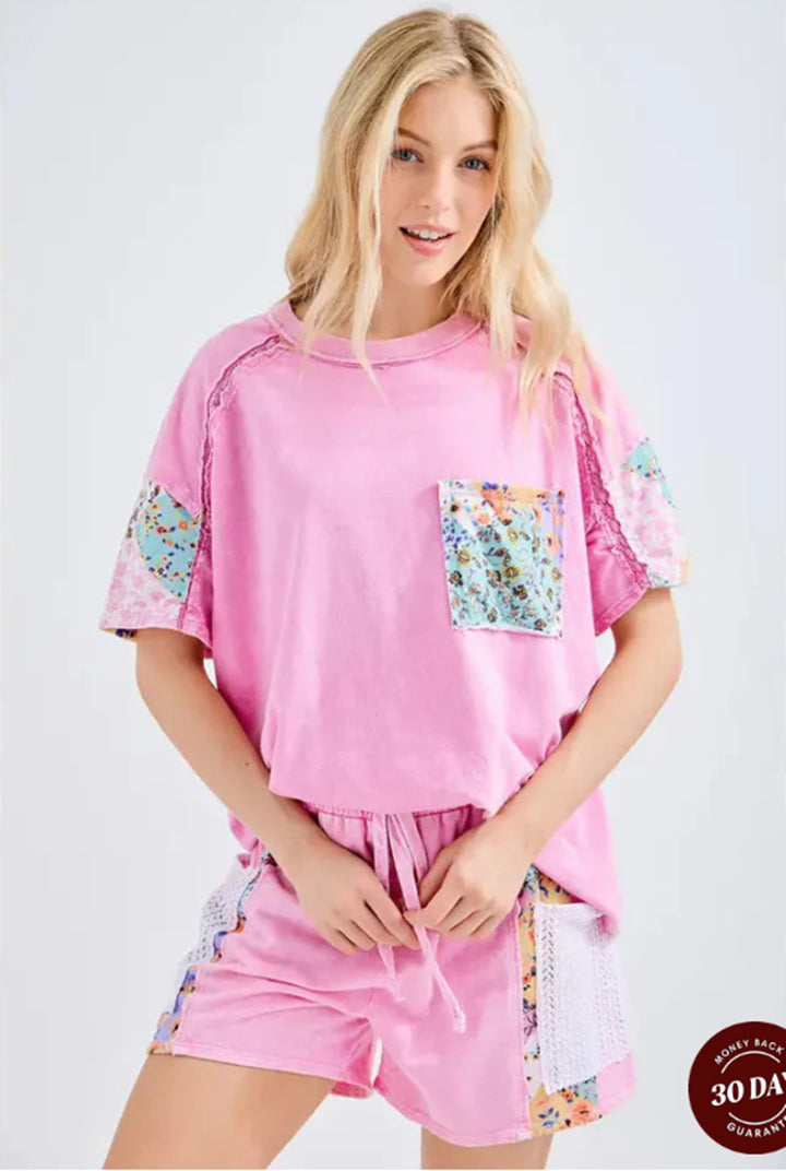 Ladies casual loungewear two-piece set with oversized shirt, drawstring shorts, patchwork bag, and crochet trim StylebySassy