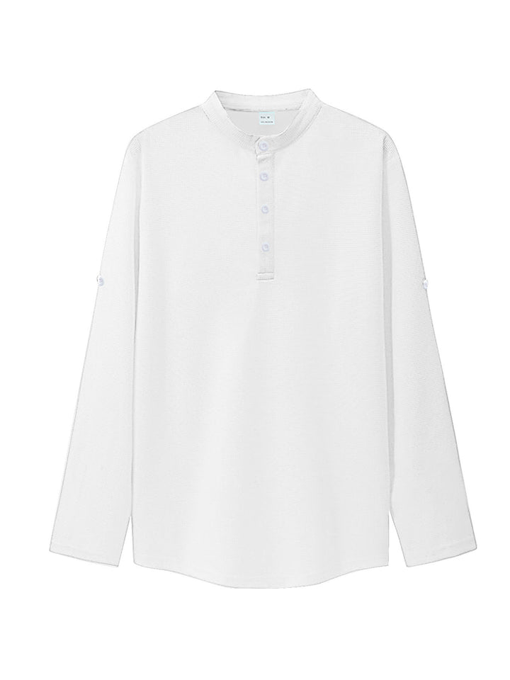Women's oversized long sleeve Henley with stand-up collar waffle texture and sleeve fastening StylebySassy