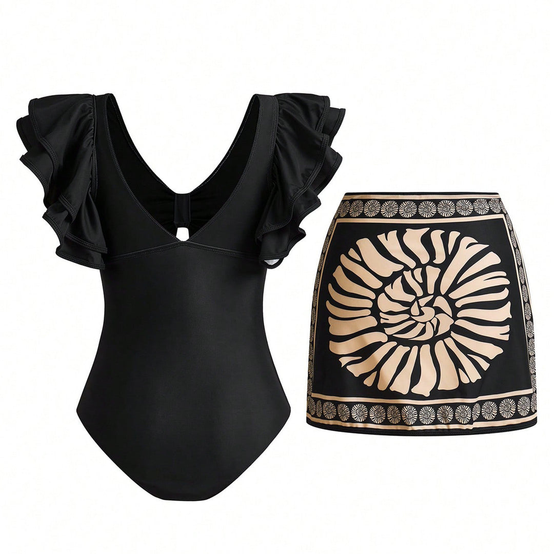 Women's swimsuit with elegant ruffle details and matching skirt StylebySassy