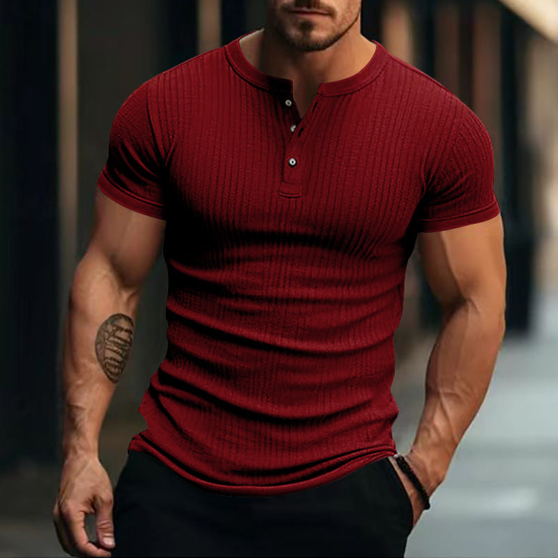 Men's fitted short sleeve Henley shirt with ribbed texture and short button placket StylebySassy