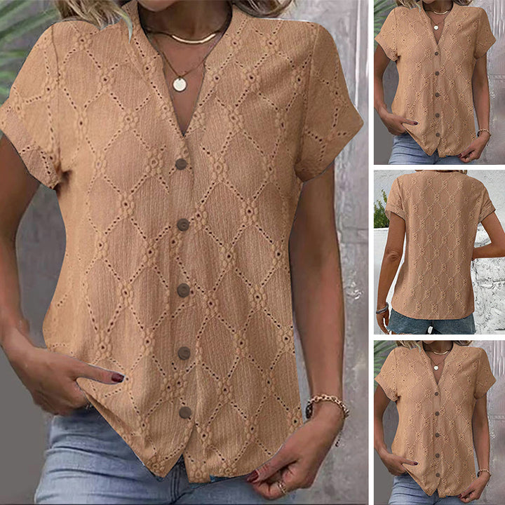 Women's short-sleeved embroidery blouse with V-neck and continuous button placket StylebySassy