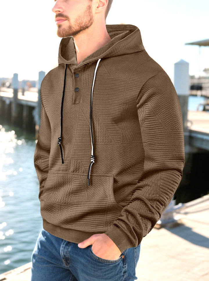 Men's hooded sweatshirt with geometric structure, Henley placket, and kangaroo pocket StylebySassy