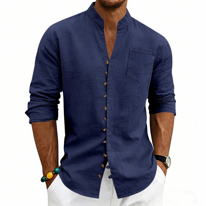 Men's lightweight linen shirt with stand-up collar, full button placket, and patch chest pocket StylebySassy