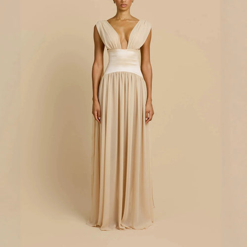 Women Elegant Long Sleeve Maxi Dress with Deep V-Neck StylebySassy