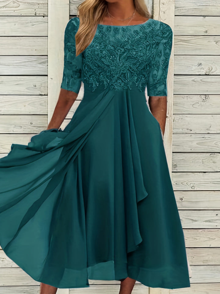 Ladies' elegant cocktail dress with embroidered corset, boat neckline and flowing chiffon skirt StylebySassy