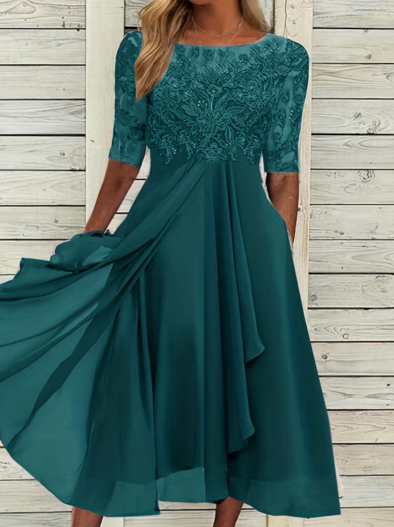 Women's elegant chiffon midi dress with embroidered lace top and three-quarter sleeves StylebySassy