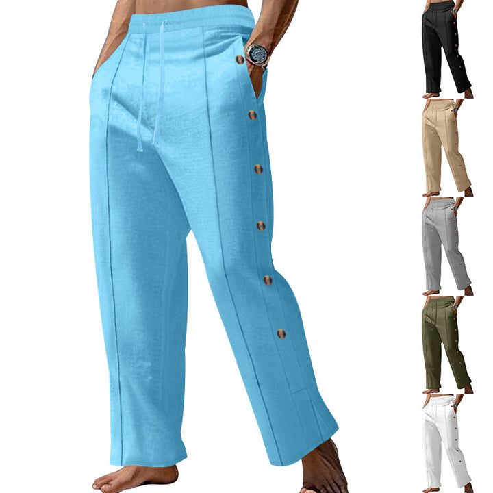 Men's nautical relaxed trousers with wide leg, elastic drawstring waistband and side button placket StylebySassy