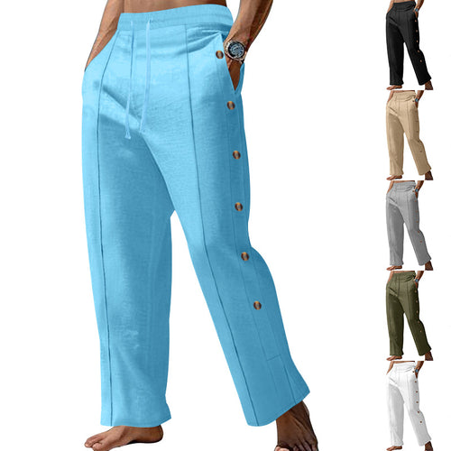 Men's nautical relaxed trousers with wide leg, elastic drawstring waistband and side button placket StylebySassy