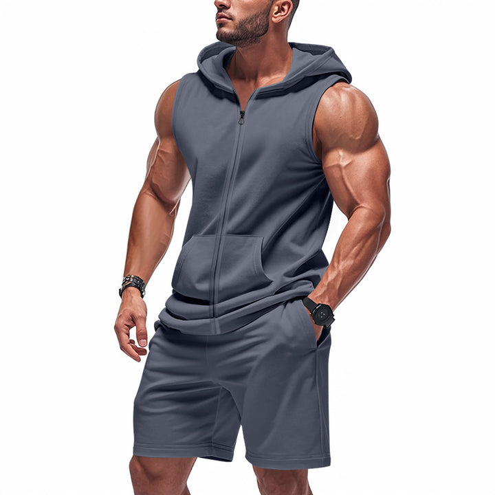 Men's sporty hoodie set with sleeveless sweatshirt, full zip, and training shorts StylebySassy
