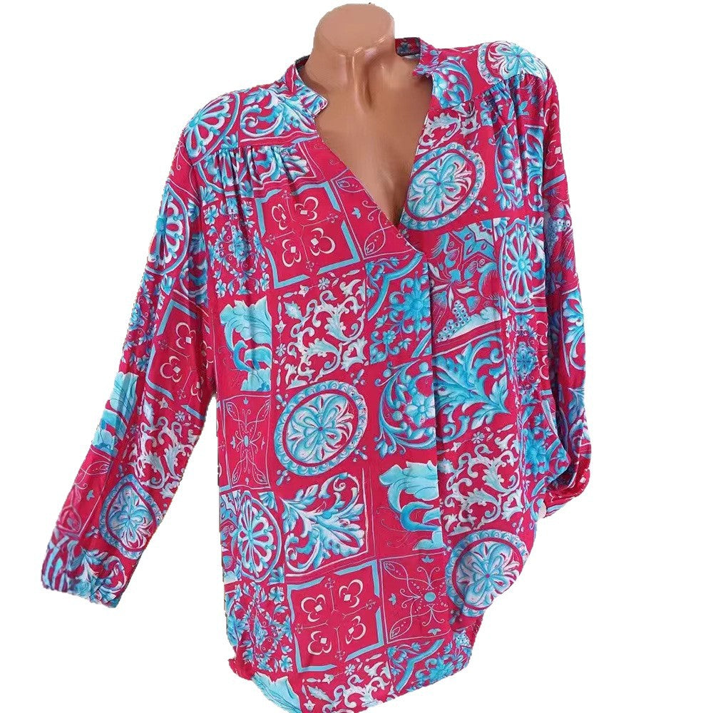 Ladies Viscose Tunic Blouse with V-Neck, Stand Collar and Gathered Shoulders StylebySassy