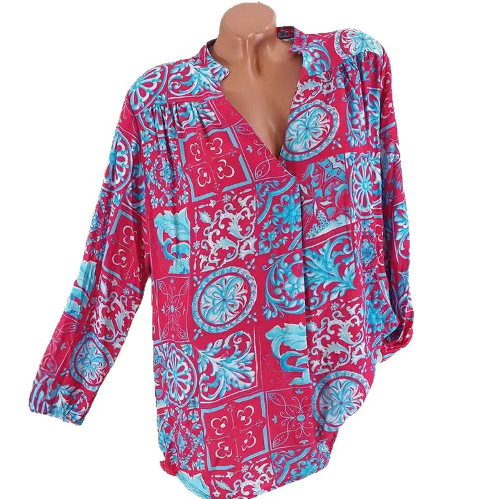 Ladies Viscose Tunic Blouse with V-Neck, Stand Collar and Gathered Shoulders StylebySassy