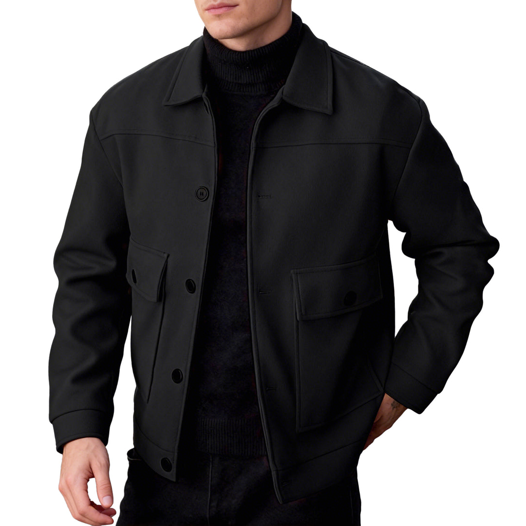 Men's short wool field jacket with shirt collar, flap pockets, and clear silhouette StylebySassy
