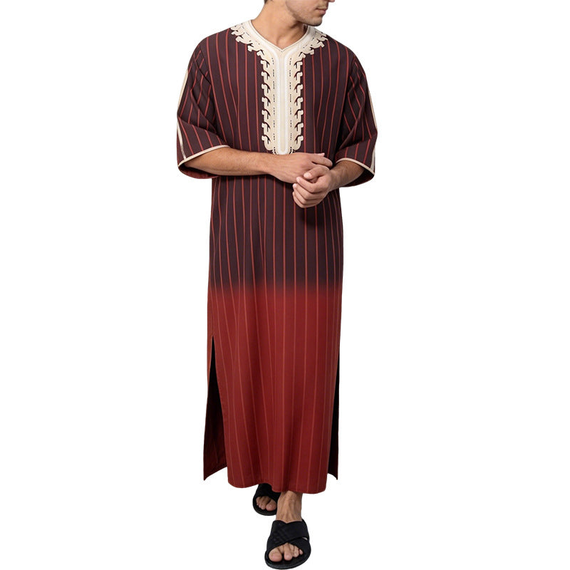 Men's striped Djellaba with decorative chest embroidery and side slit StylebySassy