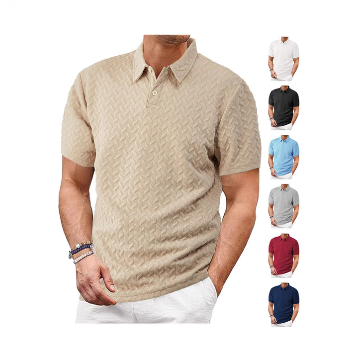 Men's structured short sleeve knit collar shirt with chevron pattern StylebySassy
