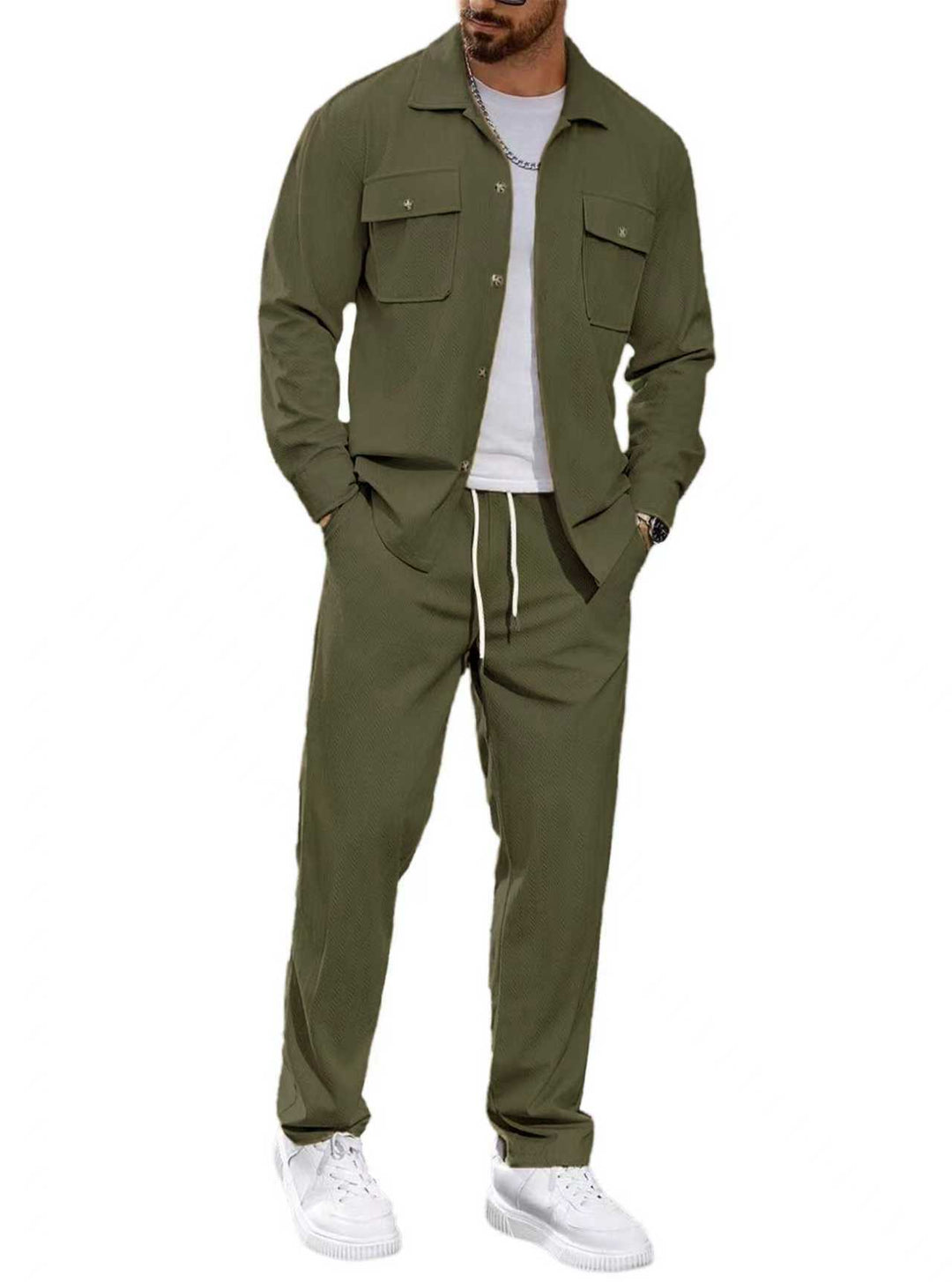 Men's casual two-piece shirt jacket with applied chest pockets and drawstring pants StylebySassy