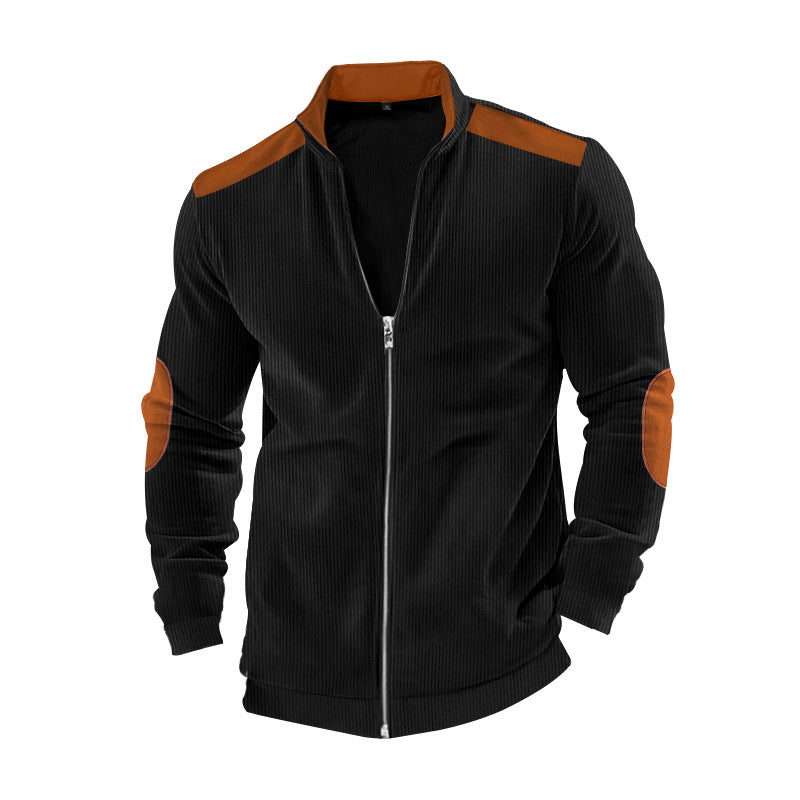 Men's ribbed leisure jacket with stand-up collar, full-length zipper and elbow and shoulder patches StylebySassy