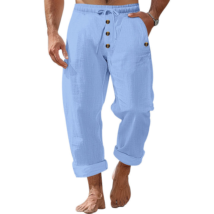 Men's casual linen-cotton pants with elastic waistband, drawstring, and rolled-up hem StylebySassy