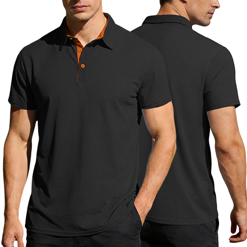 Men's finely textured polo shirt with shirt collar, contrast inner placket, and side slits StylebySassy