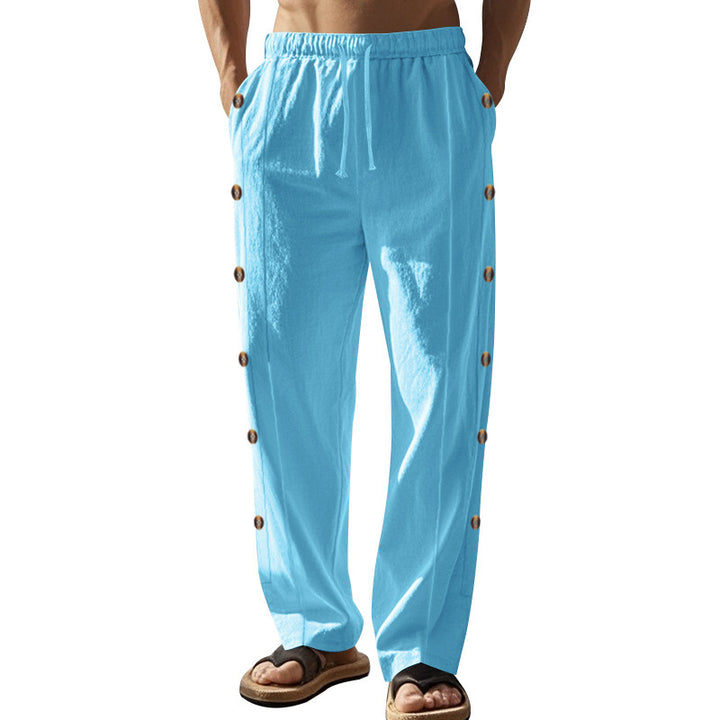 Men's relaxed linen lounge pants with side button placket, elastic waistband, and side pockets StylebySassy