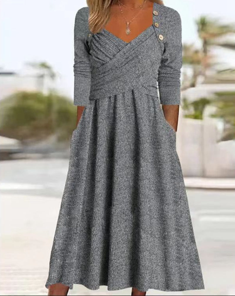 Women's knitted maxi dress with wrap top V-neck, side pockets and decorative button placket StylebySassy