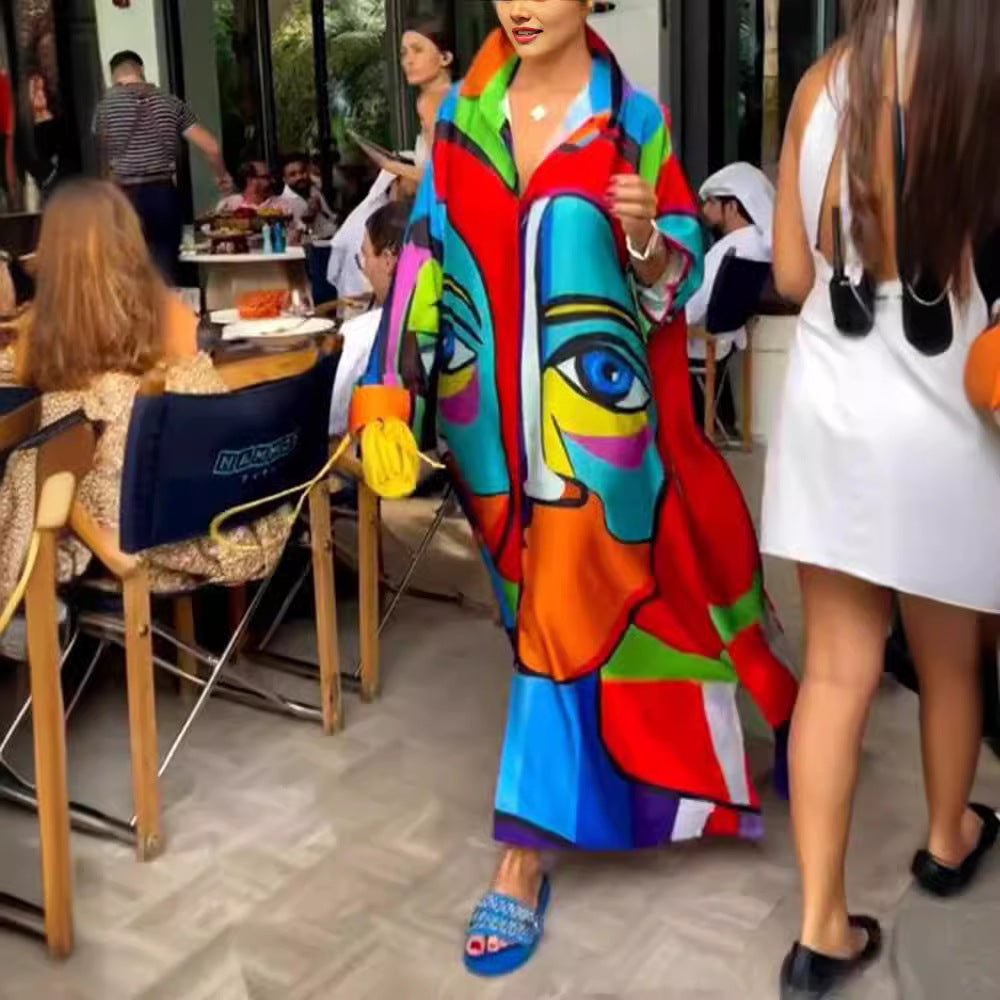 Women's oversized shirt kaftan with abstract portrait print and shirt collar StylebySassy