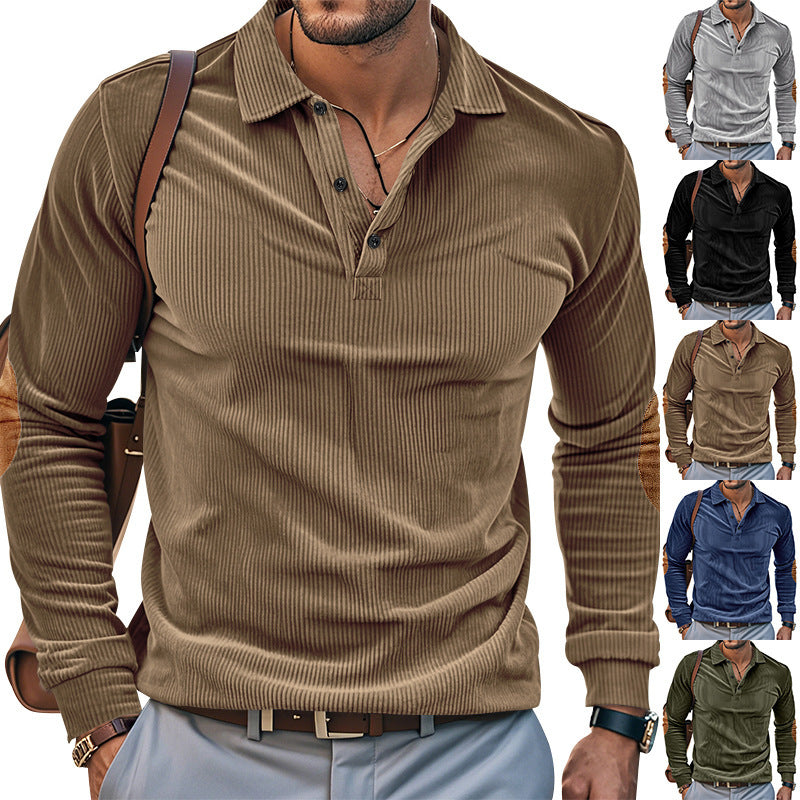 Men's heavy ribbed cotton polo sweater with Kent collar, triple button placket, and suede elbow patches StylebySassy
