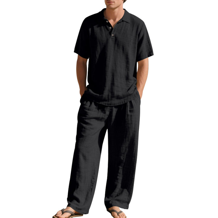Men's airy linen ensemble with polo collar and adjustable waistband pants StylebySassy