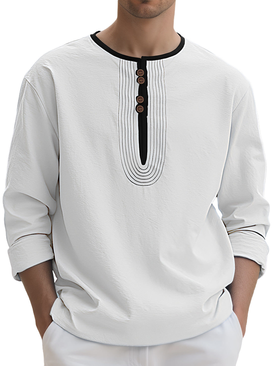 Men's loosely cut long sleeve kurta top with decorative pleats and wooden button placket StylebySassy