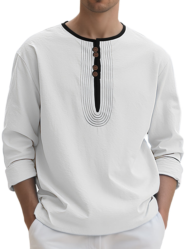 Men's loosely cut long sleeve kurta top with decorative pleats and wooden button placket StylebySassy