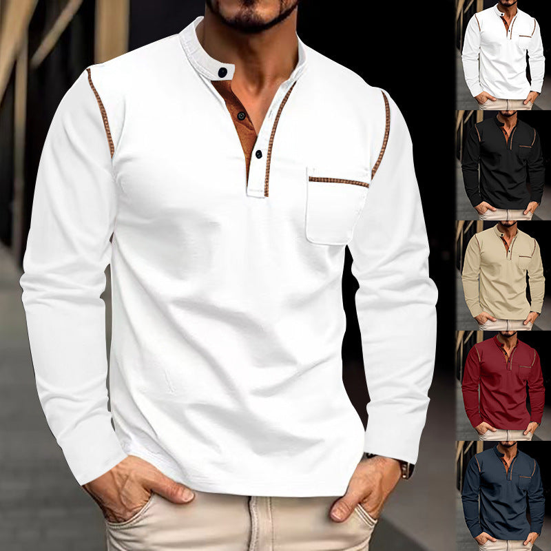 Men's long sleeve shirt with mandarin collar, chest pocket, and contrast decorative seams StylebySassy