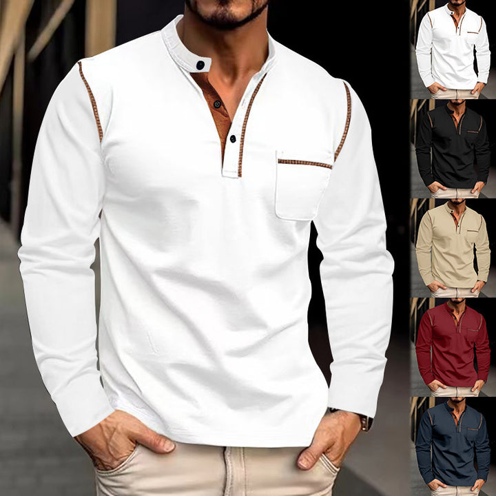 Men's long sleeve shirt with mandarin collar, chest pocket, and contrast decorative seams StylebySassy