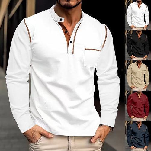 Men's long sleeve shirt with mandarin collar, chest pocket, and contrast decorative seams StylebySassy