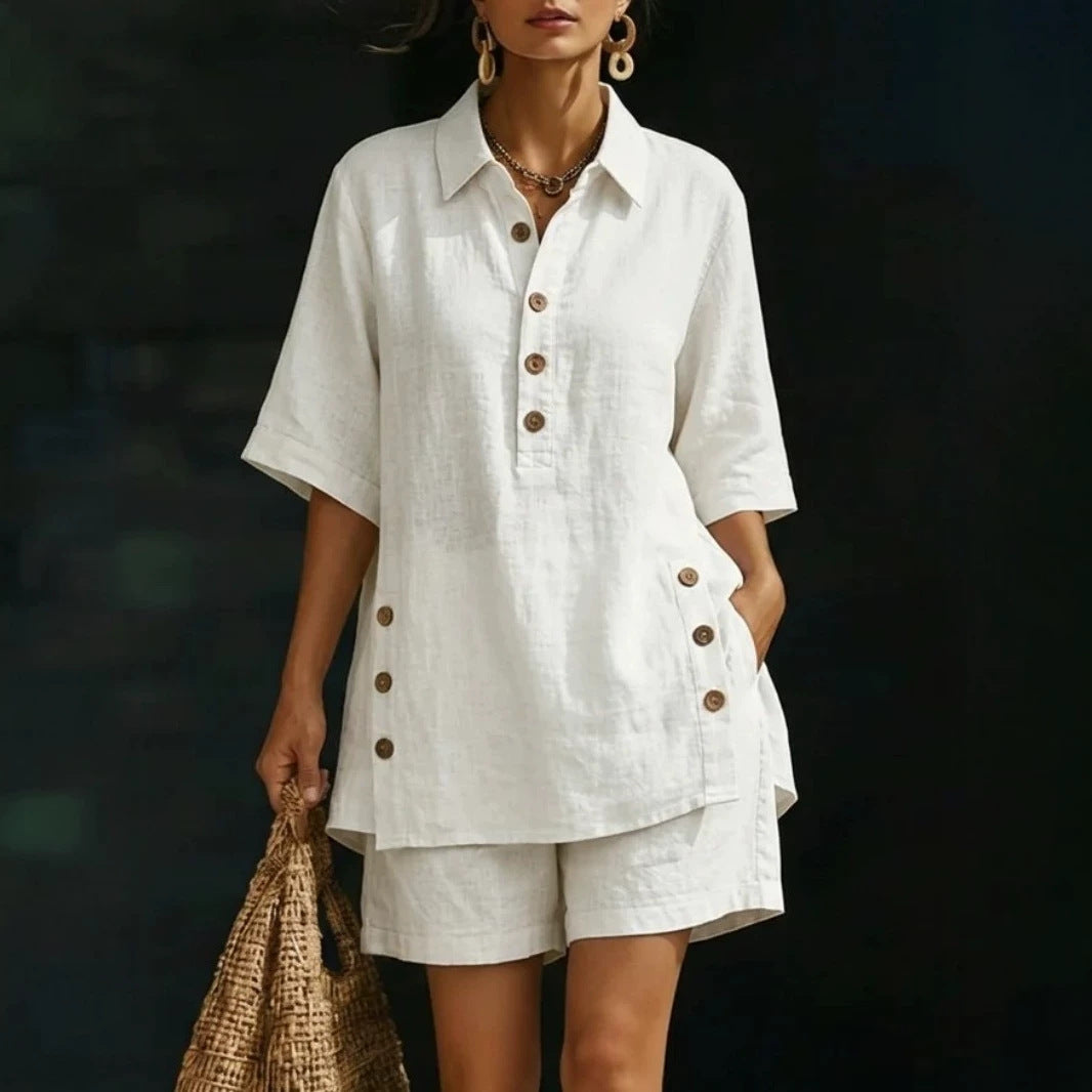 Women's airy linen-look two-piece set with oversized shirt blouse, button placket, and Bermuda shorts StylebySassy