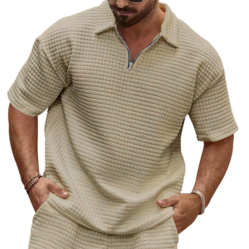 Men's polo collar ensemble with quilted box pattern, short front zipper and loose fit StylebySassy