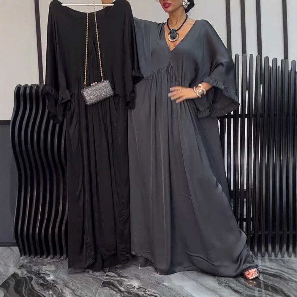Women's satin look kaftan maxi dress with V-neck, gathered empire seam, and ruffled sleeves StylebySassy