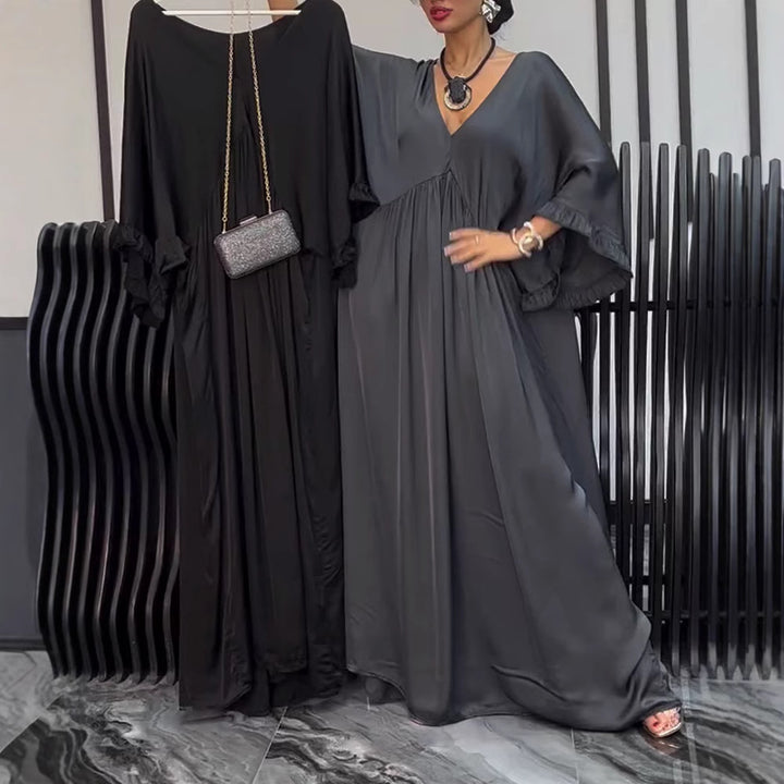 Women's satin look kaftan maxi dress with V-neck, gathered empire seam, and ruffled sleeves StylebySassy